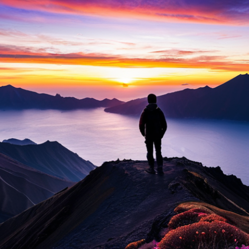 Home 26 A person in modest, layered hiking attire stands at the rim of Seongsan Ilchulbong, silhouetted against a breathtaking sunrise. The sky transitions from deep purples and blues to vibrant oranges, crimsons, and gold, casting a radiant path across the vast ocean. The majestic volcanic crater rim is visible, capturing a moment of awe and natural beauty. Professional landscape photography, high resolution, cinematic lighting, fully clothed, appropriate attire, safe for work, appropriate content, professional, perfect anatomy, correct proportions, natural pose, natural body proportions.