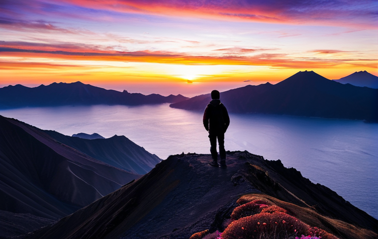 A person in modest, layered hiking attire stands at the rim of Seongsan Ilchulbong, silhouetted against a breathtaking sunrise. The sky transitions from deep purples and blues to vibrant oranges, crimsons, and gold, casting a radiant path across the vast ocean. The majestic volcanic crater rim is visible, capturing a moment of awe and natural beauty. Professional landscape photography, high resolution, cinematic lighting, fully clothed, appropriate attire, safe for work, appropriate content, professional, perfect anatomy, correct proportions, natural pose, natural body proportions.