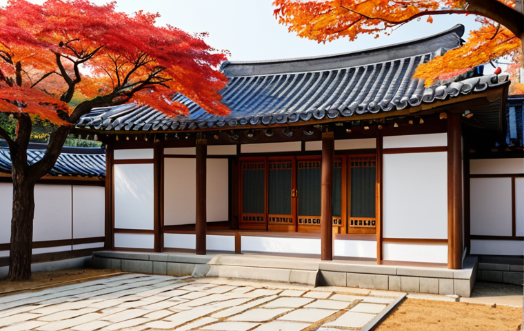 A breathtakingly serene traditional Korean Hanok in the autumn, bathed in warm, soft sunlight. The meticulously crafted wooden structure features elegant *giwa* tiled roofs and softly glowing *hanji* paper windows. A minimalist courtyard garden is adorned with vibrant red and orange maple trees, enhancing the tranquil atmosphere. The scene captures the essence of peaceful living, with natural light and harmonious composition. Professional architectural photography, high quality, perfect architecture, correct proportions, natural setting, safe for work, appropriate content, fully clothed, professional, family-friendly.