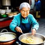 An elderly Korean halmeoni (grandmother) market vendor, fully clothed, modest traditional Korean market attire, professional dress, gently stirring a large pot of kalguksu noodles, steam rising, in a warm, authentic street food stall. The background is a bustling, vibrant Jongno 3-ga Traditional Market, with blurry details of other food stalls and lively activity. Professional photography, hyperrealistic, high detail, natural lighting, safe for work, appropriate content, family-friendly, perfect anatomy, correct proportions, natural pose, well-formed hands, proper finger count, natural body proportions.