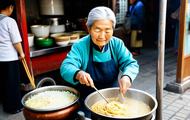 An elderly Korean halmeoni (grandmother) market vendor, fully clothed, modest traditional Korean market attire, professional dress, gently stirring a large pot of kalguksu noodles, steam rising, in a warm, authentic street food stall. The background is a bustling, vibrant Jongno 3-ga Traditional Market, with blurry details of other food stalls and lively activity. Professional photography, hyperrealistic, high detail, natural lighting, safe for work, appropriate content, family-friendly, perfect anatomy, correct proportions, natural pose, well-formed hands, proper finger count, natural body proportions.