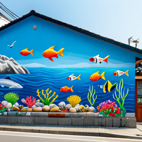 Home 12 Artistic Gammun Scene**
"A colorful mural depicting marine life on a building wall in Gammun, South Korea, street view, quaint cafe in the background, local art, daytime, bright sunlight, safe for work, appropriate content, fully clothed people walking by, perfect anatomy, correct proportions, professional photography, family-friendly."
**