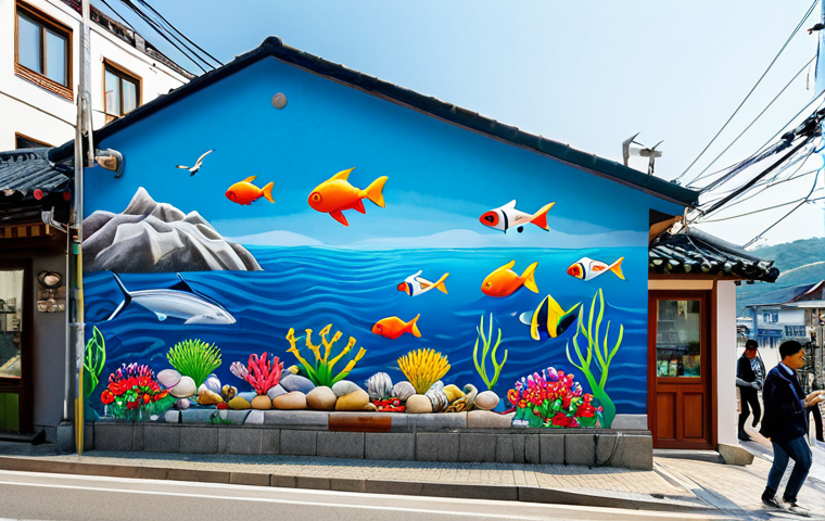 Artistic Gammun Scene**
"A colorful mural depicting marine life on a building wall in Gammun, South Korea, street view, quaint cafe in the background, local art, daytime, bright sunlight, safe for work, appropriate content, fully clothed people walking by, perfect anatomy, correct proportions, professional photography, family-friendly."
**