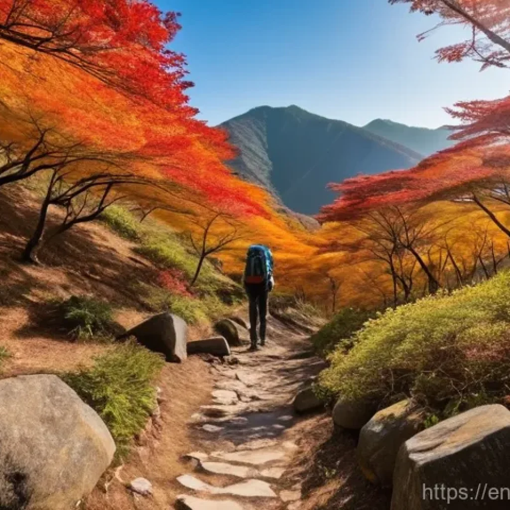 대구 팔공산 등산기 - **Vibrant Autumn Hike on Palgongsan:** A solo hiker, wearing practical moisture-wicking layers, a li...