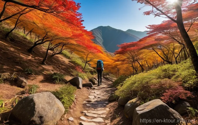 대구 팔공산 등산기 - **Vibrant Autumn Hike on Palgongsan:** A solo hiker, wearing practical moisture-wicking layers, a li...