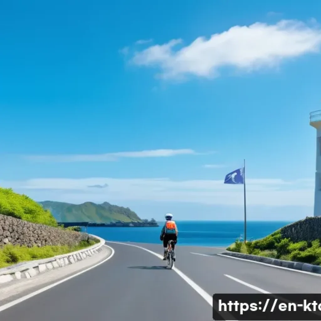 제주 우도 여행 팁 - A vibrant scene of a cyclist riding an electric bike along Udo Island&rsquo;s coastal road, surrounded by ...