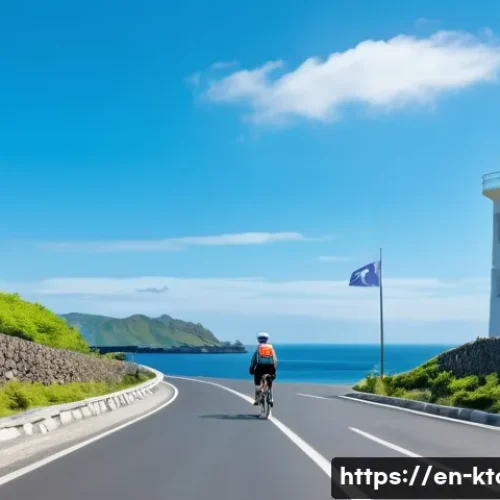 Home 33 제주 우도 여행 팁 - A vibrant scene of a cyclist riding an electric bike along Udo Island’s coastal road, surrounded by ...