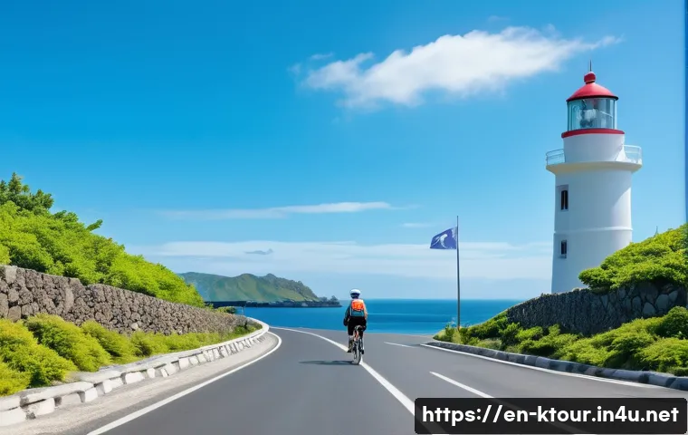 제주 우도 여행 팁 - A vibrant scene of a cyclist riding an electric bike along Udo Island&rsquo;s coastal road, surrounded by ...