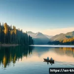 Home 20 충주호 유람선 후기 - A peaceful lake scene at golden hour with a small boat gently gliding over mirror-like water reflect...