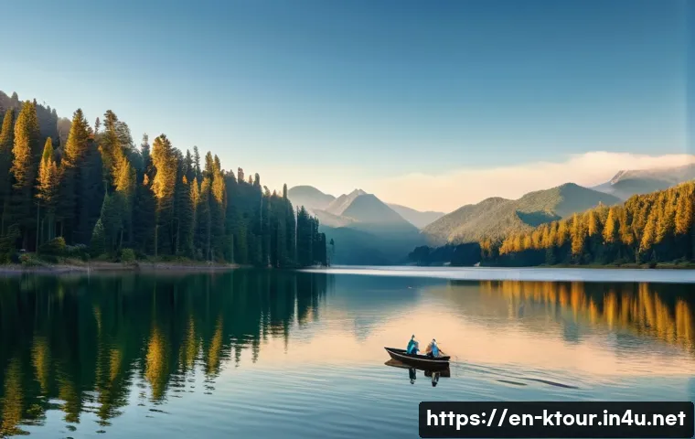 충주호 유람선 후기 - A peaceful lake scene at golden hour with a small boat gently gliding over mirror-like water reflect...