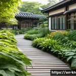 Home 19 경남 산청 한방테마파크 - A serene traditional herbal garden scene featuring lush rows of medicinal plants such as ginseng, an...