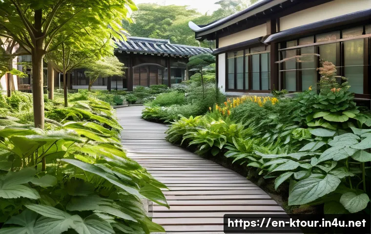 경남 산청 한방테마파크 - A serene traditional herbal garden scene featuring lush rows of medicinal plants such as ginseng, an...