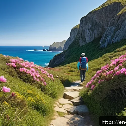 Home 30 울산 대왕암공원 투어 - A serene coastal trail winding along rugged cliffs under a clear blue sky, with vibrant green coasta...