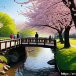Home 23 경남 창원 진해 군항제 - A serene spring scene featuring a diverse group of people strolling along a tree-lined stream covere...