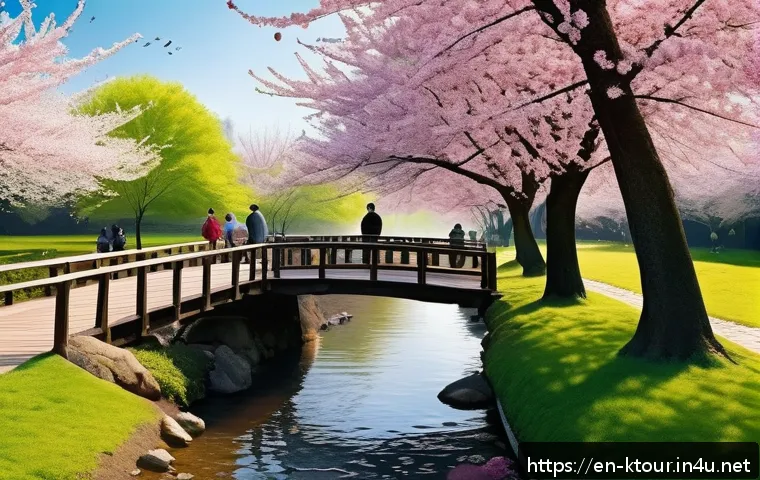 경남 창원 진해 군항제 - A serene spring scene featuring a diverse group of people strolling along a tree-lined stream covere...