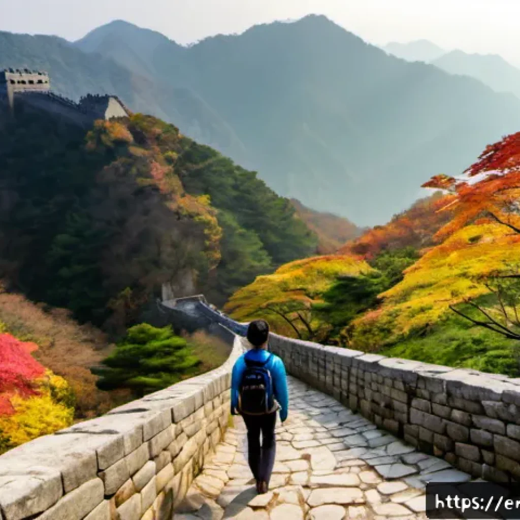 청주 상당산성 트레킹 - Photorealistic autumn trekking scene on the forested stone ramparts of Sangdang Sanseong Fortress in...
