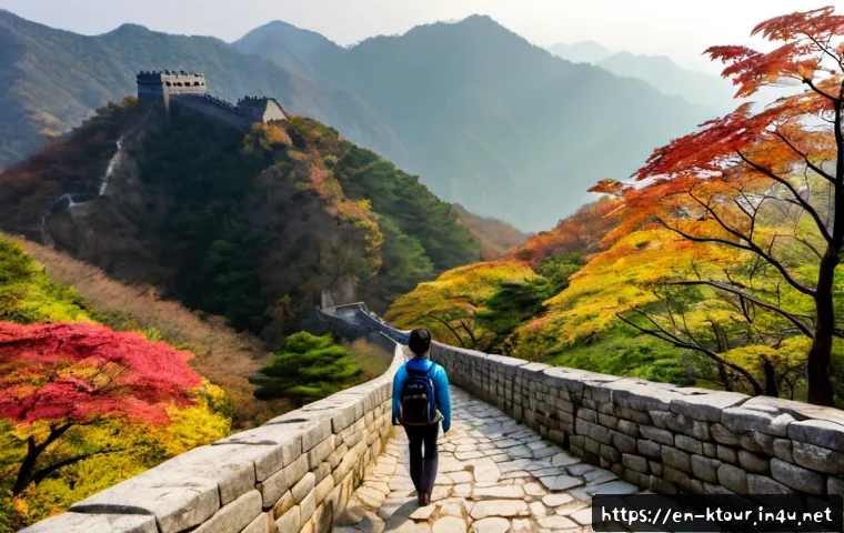 청주 상당산성 트레킹 - Photorealistic autumn trekking scene on the forested stone ramparts of Sangdang Sanseong Fortress in...